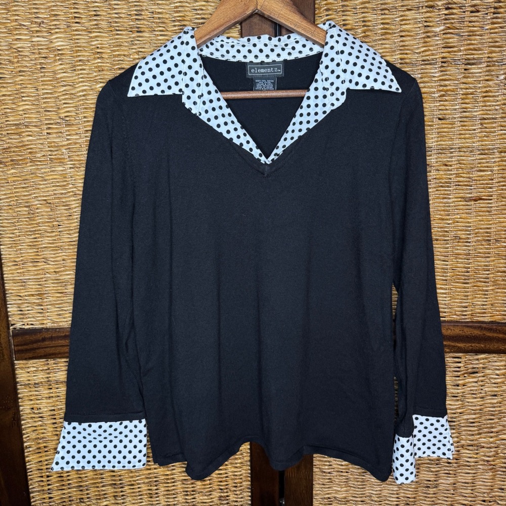Y2K XL Black Knit Top Polka Dot Collar Cuffs Layered Look Preppy Chic Office